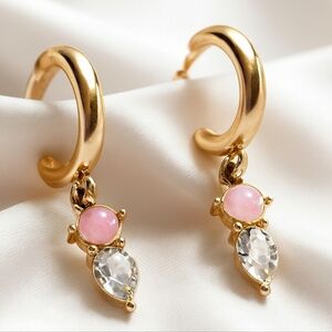 Gold Hoop Earrings with Dual Pink & Crystal Drop – Elegant Statement Jewelry